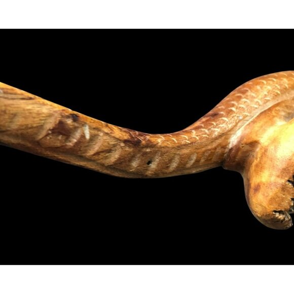Hand-Carved Wooden Snake Sculpture On Seed Pod Root Base 15" Length - Picture 14 of 16